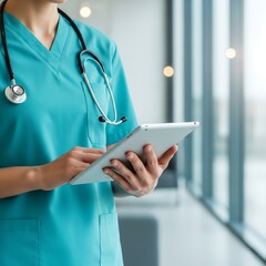 Hospital clinician wearing scrubs and using technology in sterile setting background