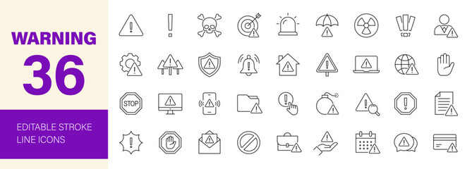 Warning icon set. Containing alert, caution, danger, error, hazard, notification, attention sign, exclamation mark, stop, notice and more. Editable line icons. Vector illustration.
