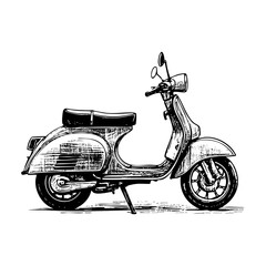 Obraz premium Scooter sketch engraving black and white outline. Scratch board imitation. illustrated in vintage line art style on a white background.
