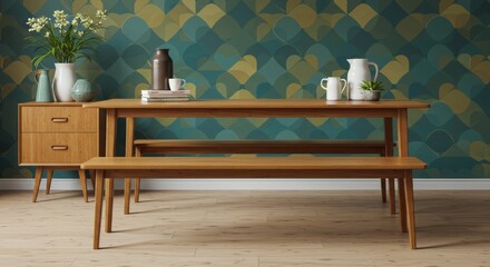 Elegant Retro Dining Room Interior with Wooden Furniture and Stylish Decor