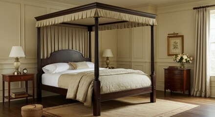 Elegant colonial bedroom interior featuring a canopy bed and classic furniture