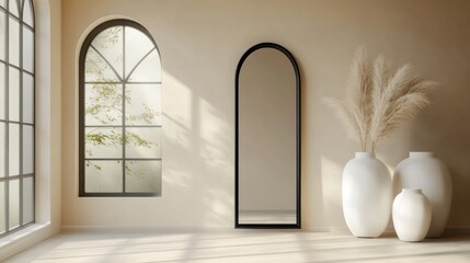 Minimalist Interior Design with Arched Windows and Mirror