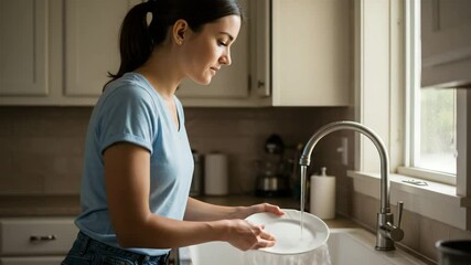 Young woman washing dishes in modern kitchen by the window  