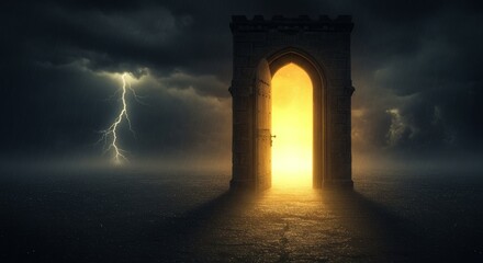 Mysterious gateway illuminated by ethereal light during a thunderstorm