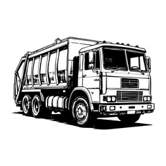 garbage truck sketch engraving black and white outline. Scratch board imitation.