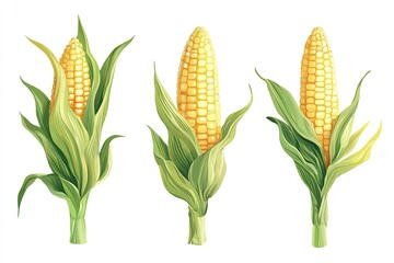 Three detailed illustrations of corn cobs with leaves