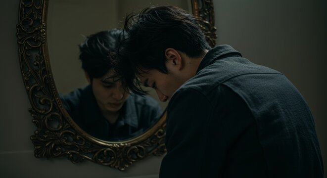 Introspective moment, a young man reflects on himself in the mirror