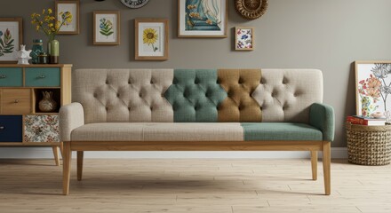 Elegant dining bench with multi-toned fabric design, creates a modern and inviting dining space and comfortable seating option