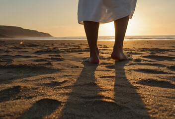 A person in white robes walking barefoot on warm sand, their steps glowing faintly with inner light. Vast open landscape, spiritual symbolism, sacred atmosphere
