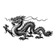 Dragon engraving black and white outline. Scratch board imitation.  illustrated in vintage line art style on a white background.