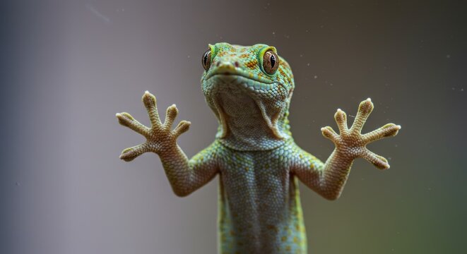 Close-up of a colorful gecko clinging to a smooth glass surface, showcasing its textured skin and unique toe pads - Powered by Adobe