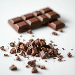 A luxurious broken chocolate bar with chocolate chunks, isolated on a white background with generative ai
