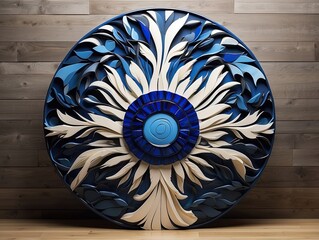 "Ornate Blue Winged Shield with Floral Baroque Design and Gem Centerpiece"
