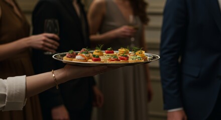Elegant hand offering a tray of exquisite canap,s at a sophisticated event