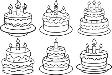 Set of birthday cake vector illustration line art	