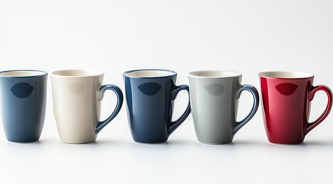Four colored mugs in a row against white background