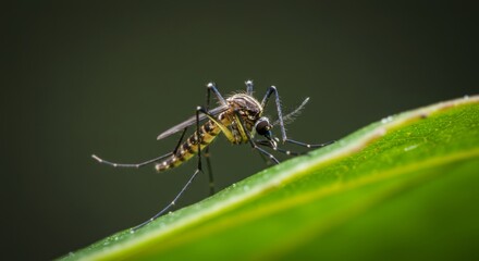 Aedes Mosquito Close-Up on Green Leaf in Tropical Environment, Threat of Zika and Dengue Fever