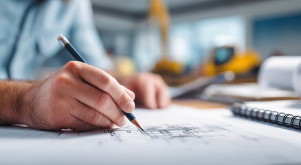 Person sketching architectural plans with pencil on desk, showcasing creativity and focus in workspace