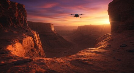 Fototapeta premium Drone soars above the majestic canyon at sunset casting a golden hue