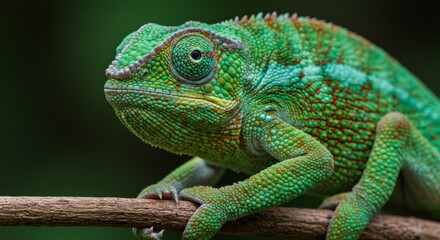 Fototapeta premium Charming chameleon perched on branch showcasing vibrant green scales