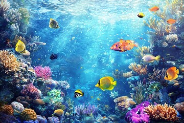 Obraz premium Exotic reef fish exploring shallow sea reef
