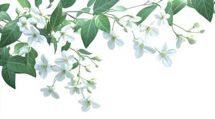 Delicate white flowers and leaves on branches