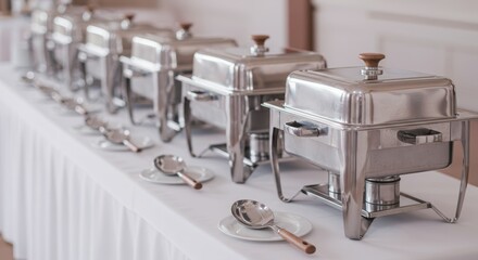 Elegant chafing dishes on a table for a banquet or a buffet setup