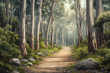 Obraz premium Forest Trail Through Sun-Dappled Redwood Trees