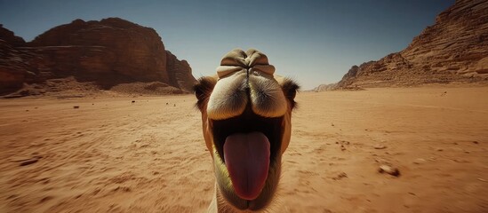 Desert camel with outstretched tongue