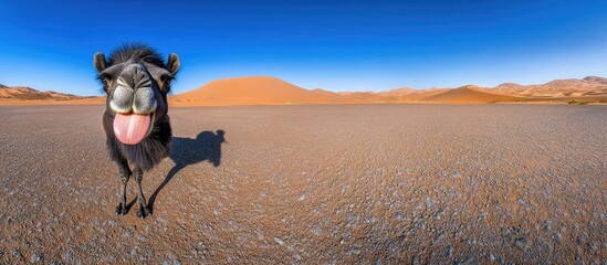 Funny camel sticking out its tongue in a dry desert landscape