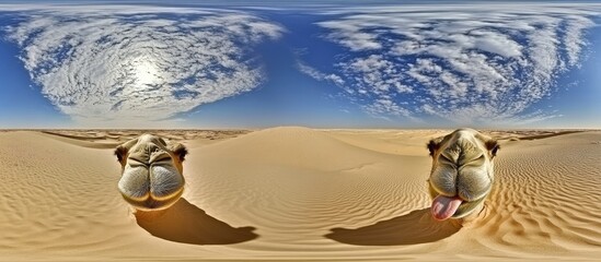 Desert panorama with camel sticking out tongue