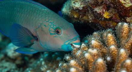 Fototapeta premium Vibrant Parrotfish Grazing on Coral Reef Ecosystem in the Ocean Depths