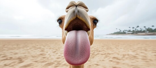 Playful camel sticking out tongue on beach