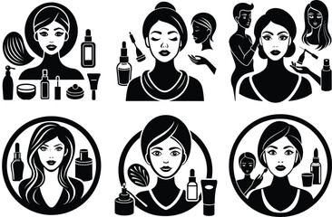 Beauty Icons: A stylish collection of six striking beauty icons, each within a circular frame, showcasing women and cosmetic items. perfect for beauty and skincare branding needs.