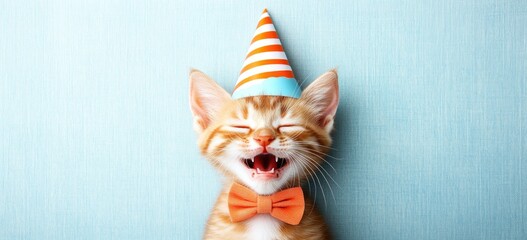 Happy kitten wearing party hat and bow tie