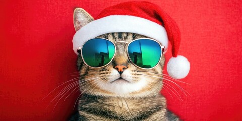 Cool cat in Santa hat and sunglasses