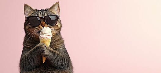 Cat in sunglasses eating ice cream