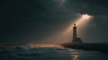 Lighthouse stands tall against stormy sky, illuminated by beams of light breaking through dark clouds, creating dramatic scene