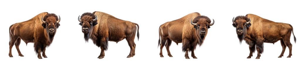 A collection of American buffaloes, isolated on a transparent background