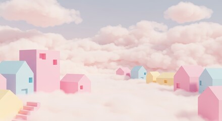 Dreamlike Pastel Village Floating Among Fluffy Clouds Illustration