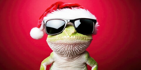 Lizard in Santa hat and sunglasses