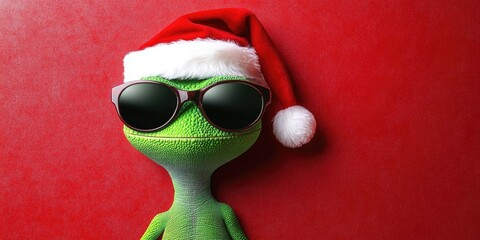 Lizard wearing Santa hat and sunglasses