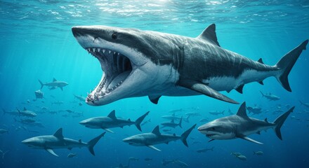 Naklejka premium Underwater encounter with a colossal megalodon surrounded by smaller sharks