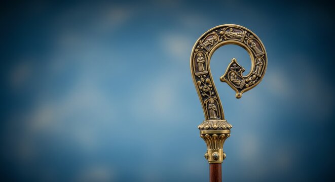 Intricate Bishop's Crozier, A Symbol of Faith, Authority, and Tradition Depicted Against a serene background