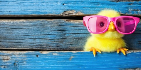 Cute chick in pink sunglasses on blue wood