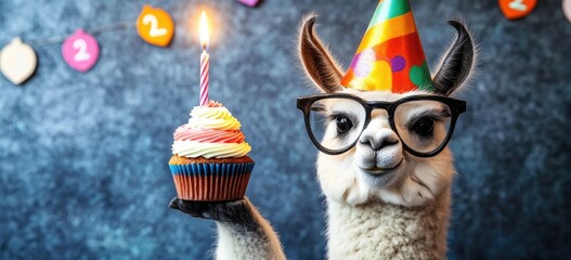 Llama with cupcake and party hat