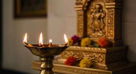 Illuminating Tradition, A Golden Oil Lamp Burning Brightly Beside a Hindu Shrine Depicting Divine Spirituality