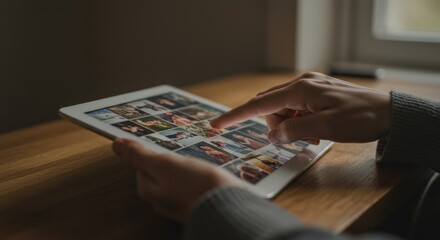 Browsing memories, A person interacting with a digital photo album on tablet device