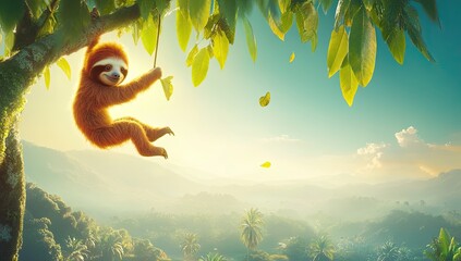 Cute sloth hanging from a tree in a lush jungle