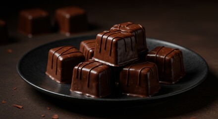 Delicious Dark Chocolate Candies Stacked on a Black Plate Close Up